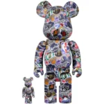 Discover the Hottest Basketball Bearbricks Front view of 400% & 100% Bearbrick NBA Logo Pattern with all-over red, white, and blue league logos on clean white vinyl