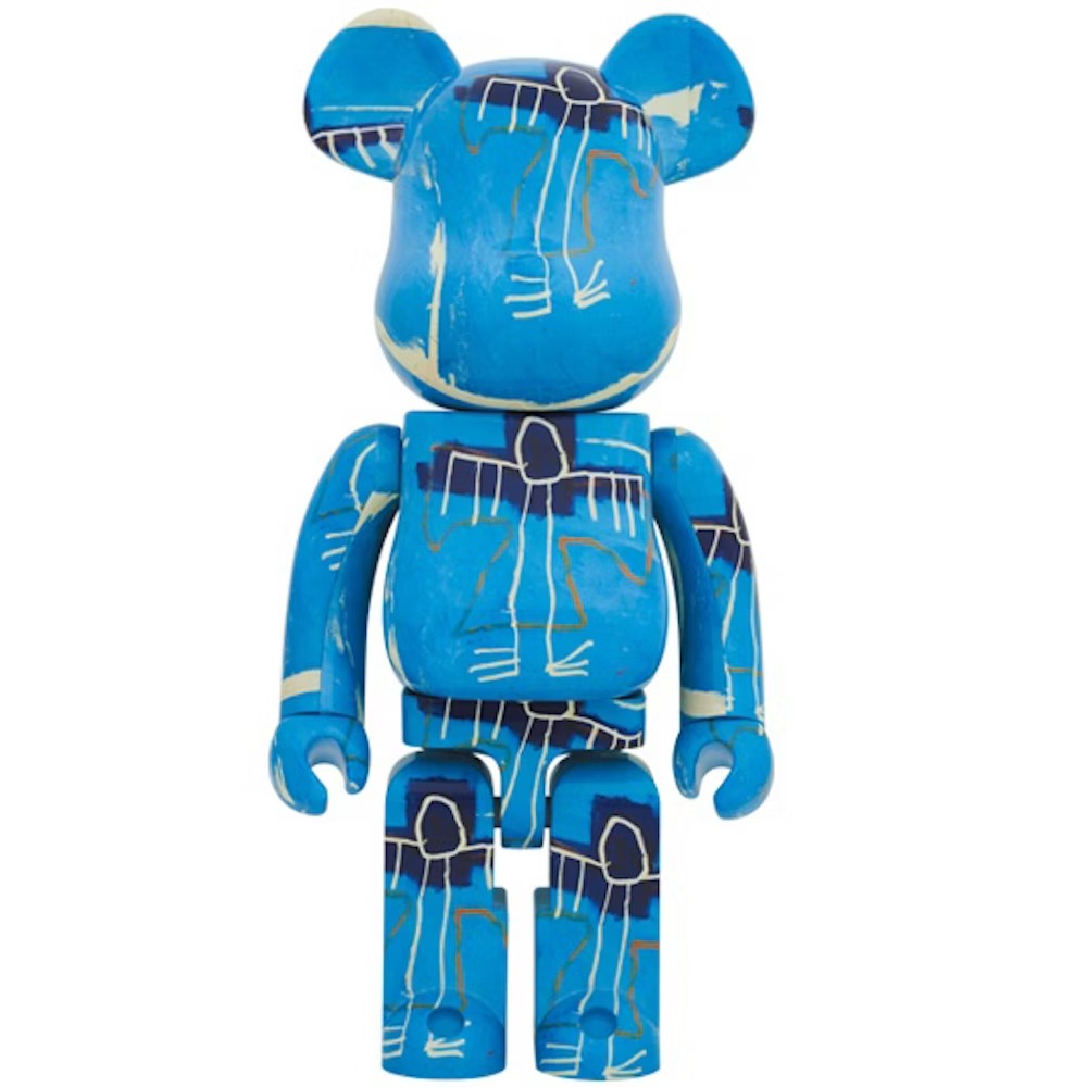 1000% Bearbrick Jean-Michel Basquiat v9 featuring blue base color with abstract Basquiat artwork design.