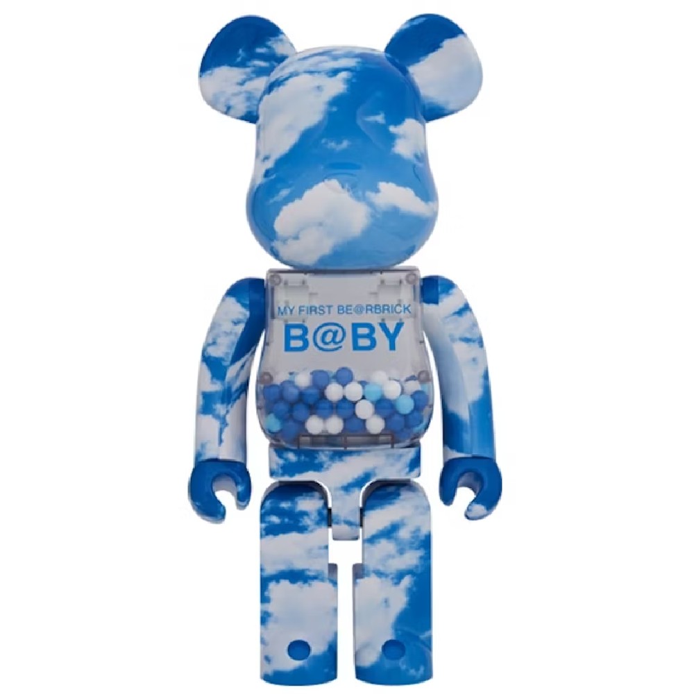 1000% Bearbrick My First Bearbrick Baby Blue Sky featuring cloud pattern and bead-filled transparent chest