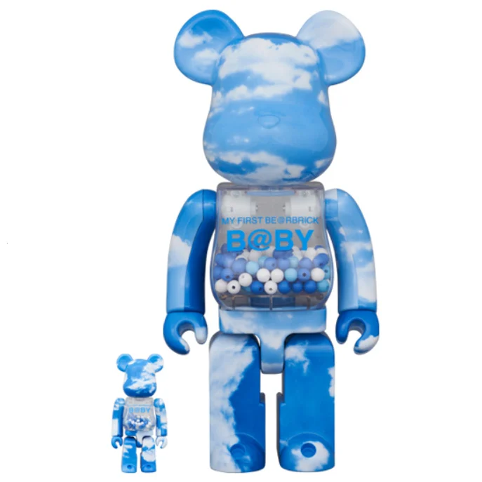 400% & 100% Bearbrick My First Bearbrick Baby Blue Sky with cloud print and bead-filled transparent chest.
