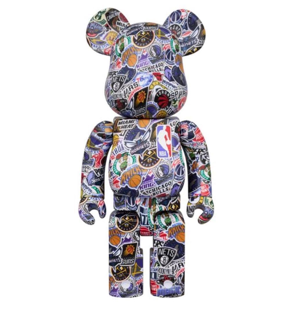 1000% Bearbrick NBA Logo Pattern featuring all-over print of official NBA team logos and central NBA logo on chest.