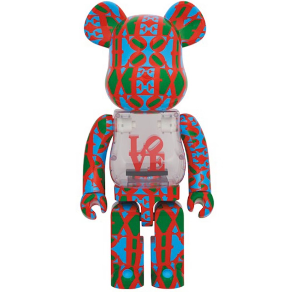 1000% Bearbrick Robert Indiana LOVE with vibrant red, blue, green pattern and iconic LOVE logo in transparent chest.