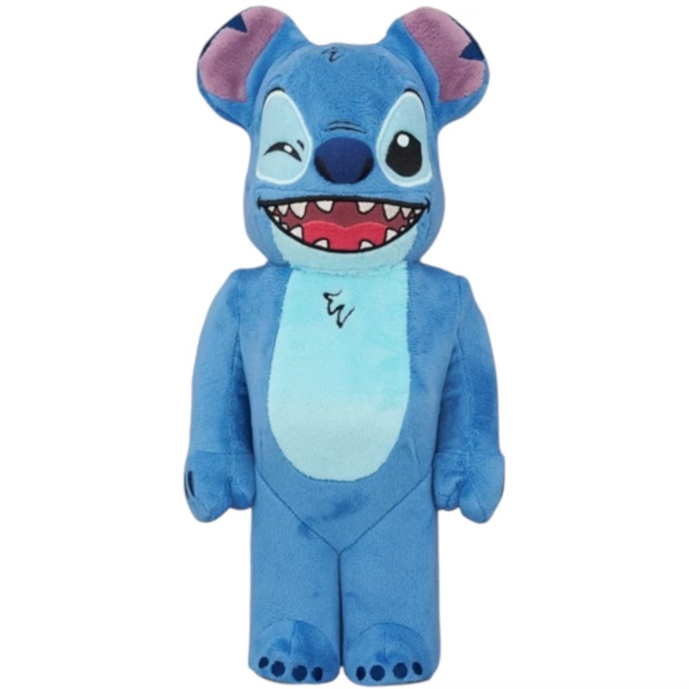 400% Bearbrick Stitch Costume Version featuring plush blue design with winking Stitch face and wide smile