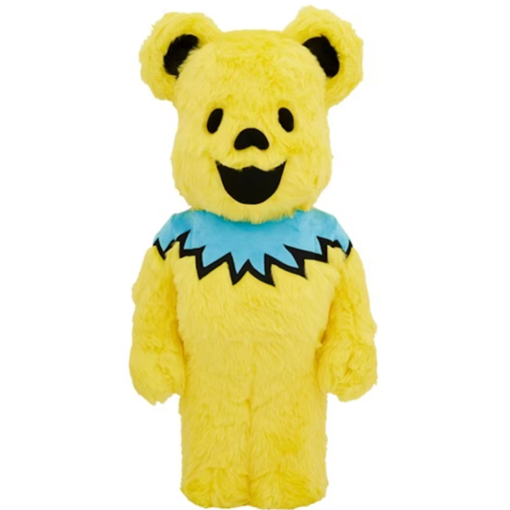 1000% Bearbrick Grateful Dead Dancing Bears Yellow edition with fuzzy texture and blue jagged collar.