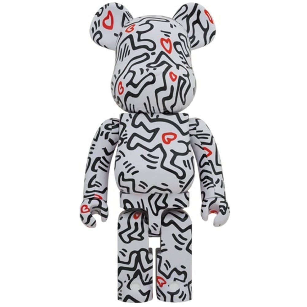 1000% Bearbrick Keith Haring 8 featuring black line art and red heart motifs inspired by Haring’s iconic pop art style.