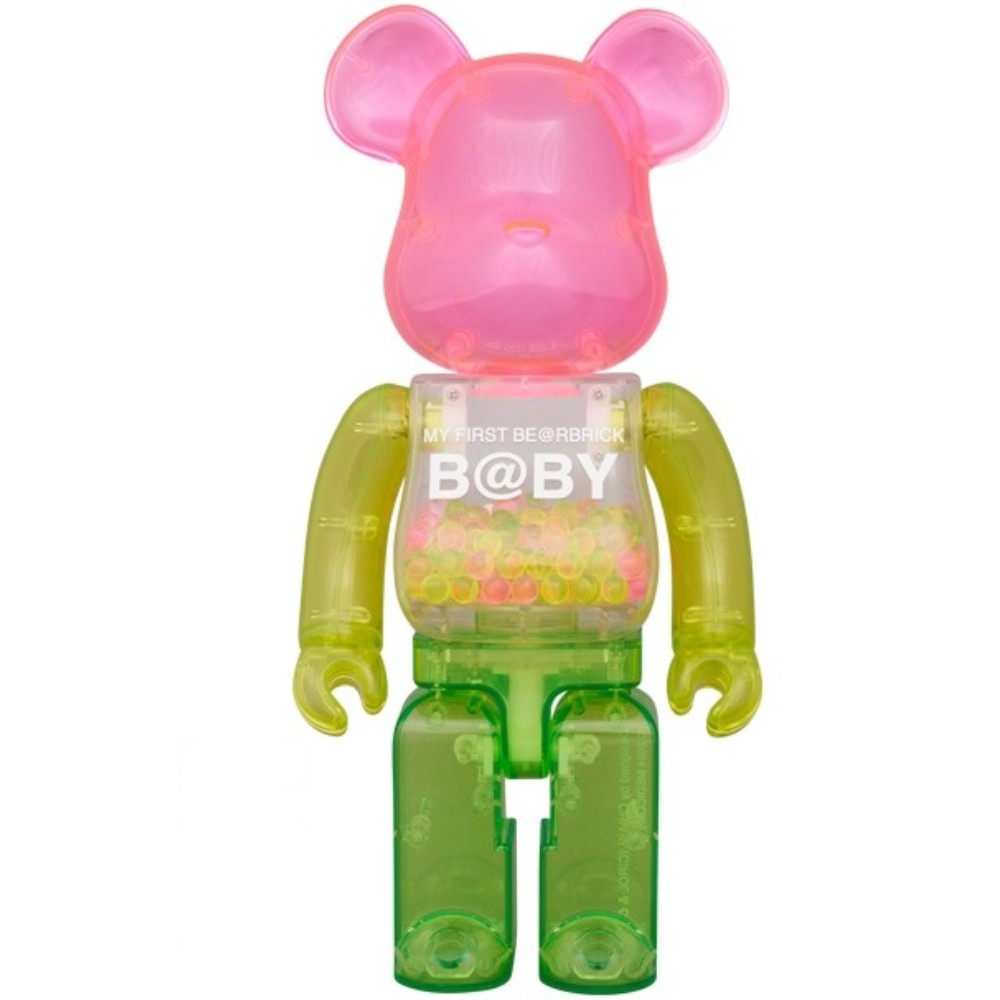 1000% Bearbrick My First Bearbrick Baby 1st Colour Clear – oversized translucent designer toy in pink and green with colorful bead-filled chest