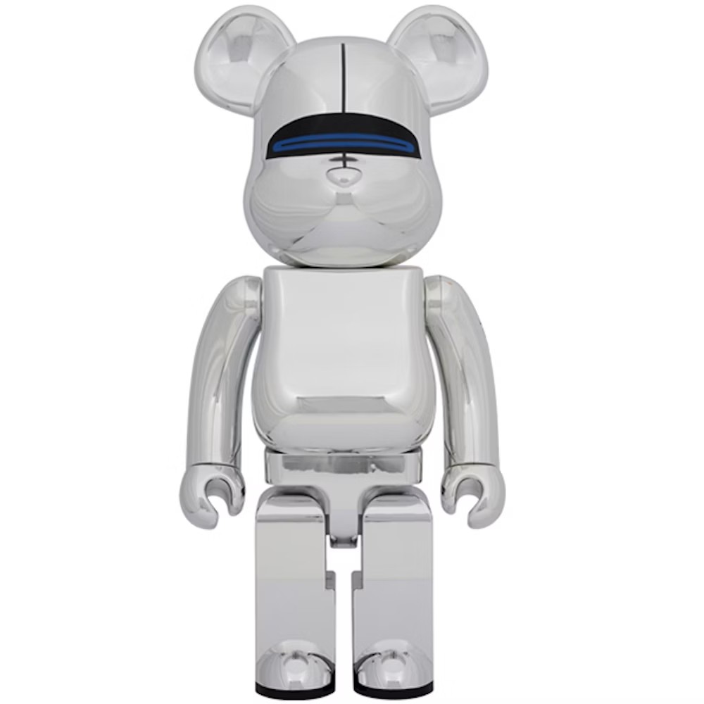 A 70cm tall Bearbrick - 1000% Bearbrick Sorayama Light Version in full silver colour with blue visor