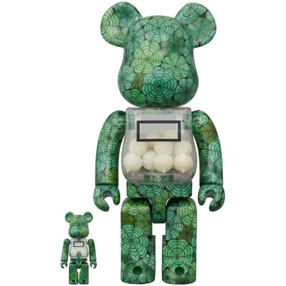 400% & 100% Bearbrick Botanize Euphorbia Obesa with green cactus-inspired pattern and white gourd-like beads in chest.
