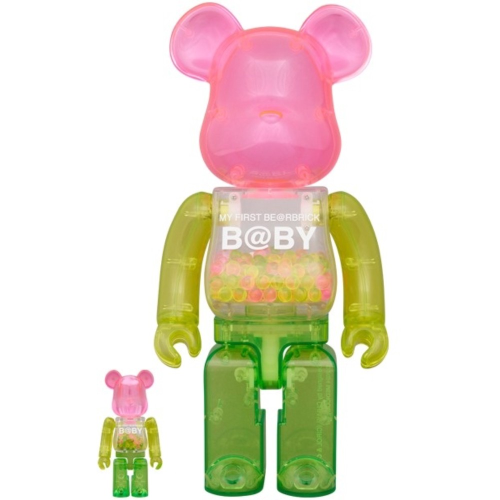 Front view of 400% & 100% Bearbrick My First Bearbrick Baby 1st Colour Clear – translucent pink head, green limbs, and clear torso with pastel beads