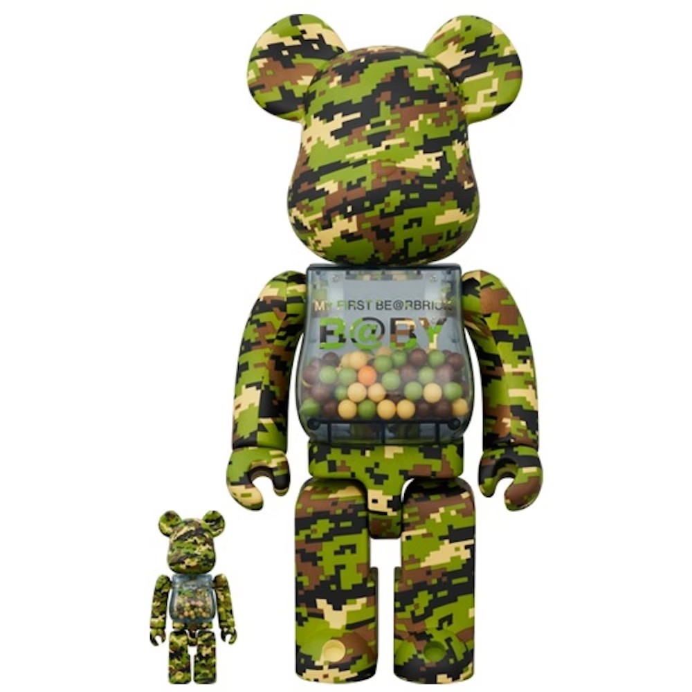 400% & 100% Bearbrick My First Bearbrick Baby Digital Camo – collectible toy set in green camouflage design with transparent chest filled with colorful capsules
