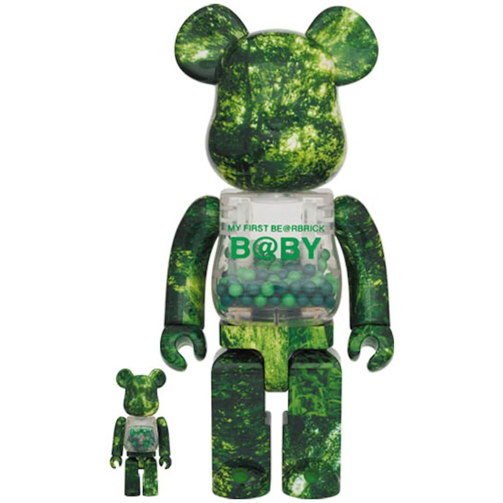 400% & 100% Bearbrick My First Bearbrick Baby Forest Green with nature-inspired texture and green beads in the chest