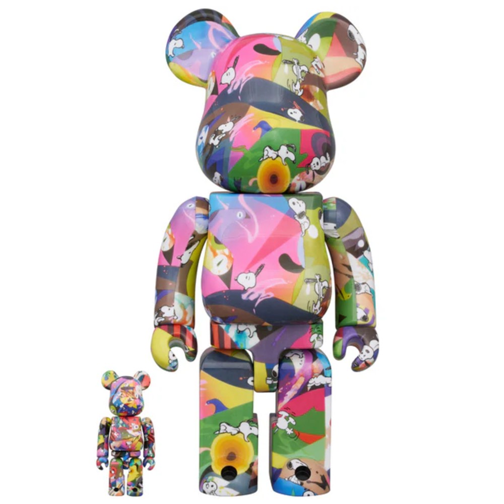 400% & 100% Bearbrick Tomokazu Matsuyama x Peanuts – colorful designer art toy set featuring Snoopy and abstract pop-art design