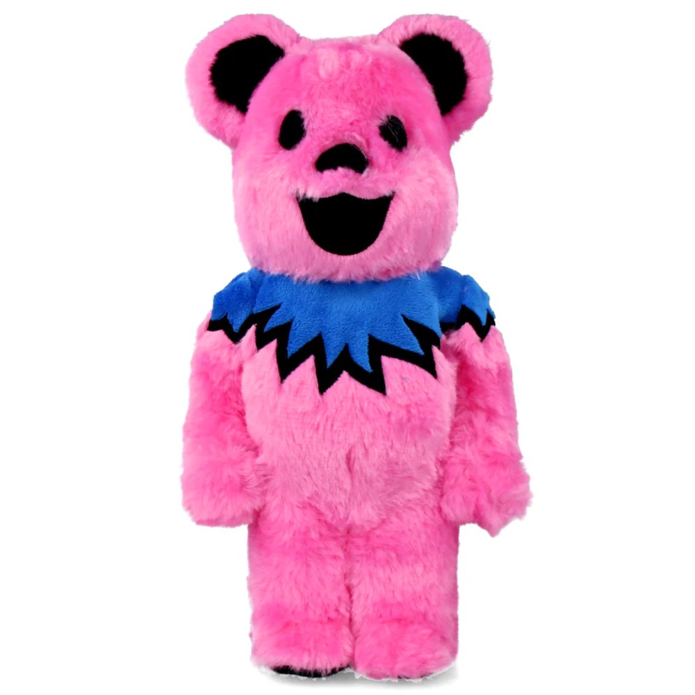 400% Bearbrick Grateful Dead Dancing Bears Pink edition with fuzzy pink fur and blue zigzag collar.