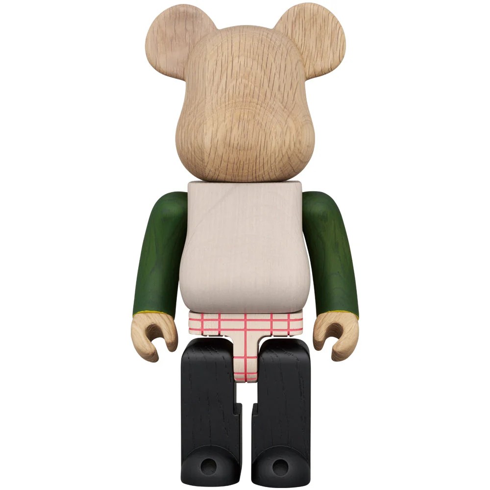 400% Bearbrick Karimoku BWWT 3 featuring multitone wood with green arms, plaid shorts detail, and natural oak head.