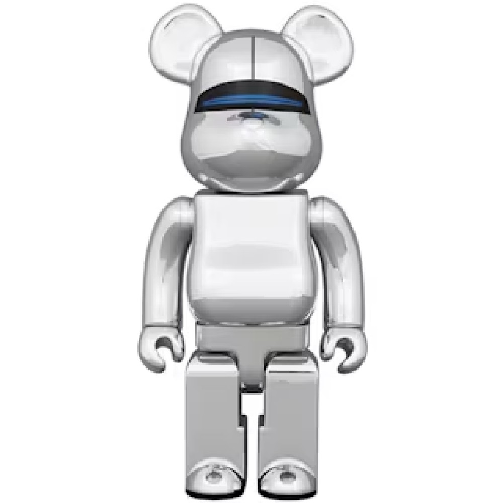 400% Bearbrick Sorayama Light Version featuring chrome metallic finish and futuristic visor-style eyes.