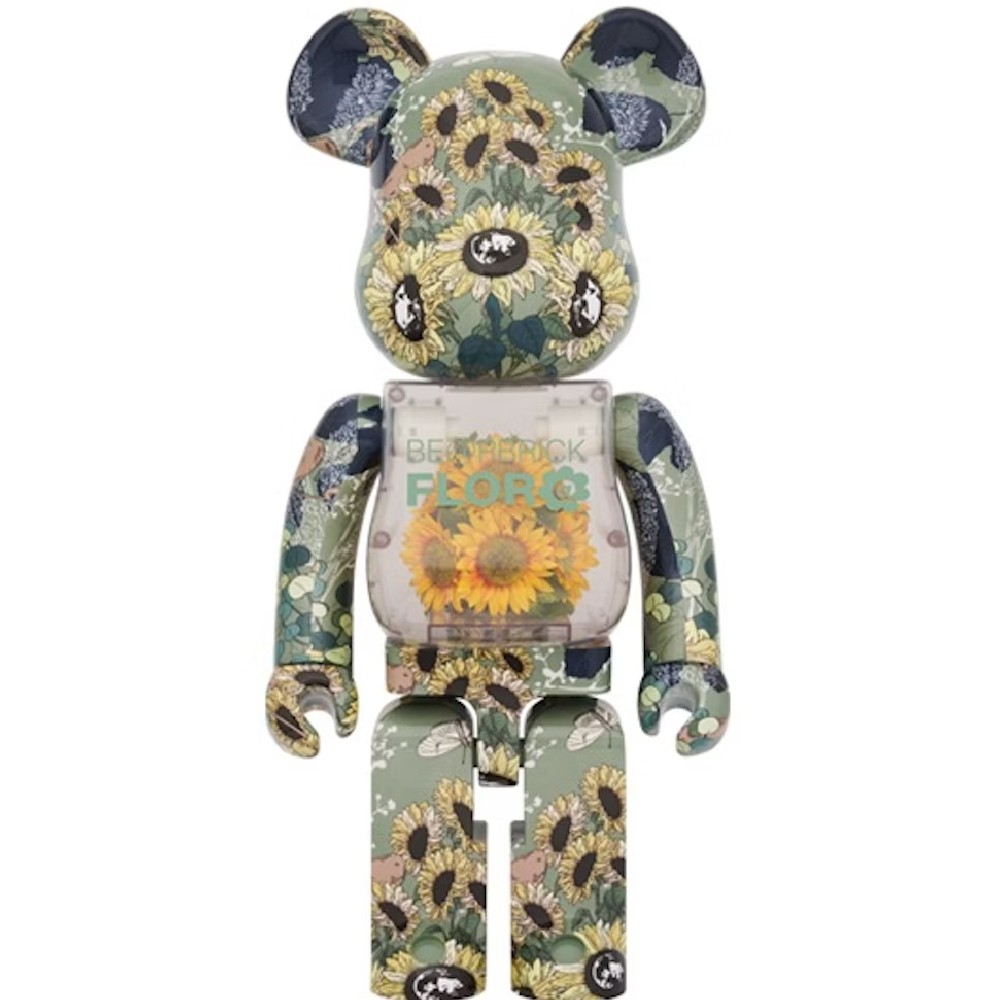 1000% Bearbrick Flor@ Sunflower featuring an all-over sunflower print with transparent chest and vibrant floral design.