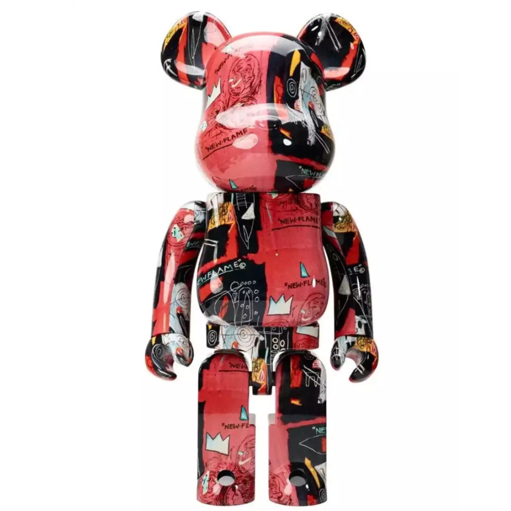1000% Bearbrick Warhol x Basquiat v1 featuring bold red and black mixed-media collage from the iconic artist collaboration.