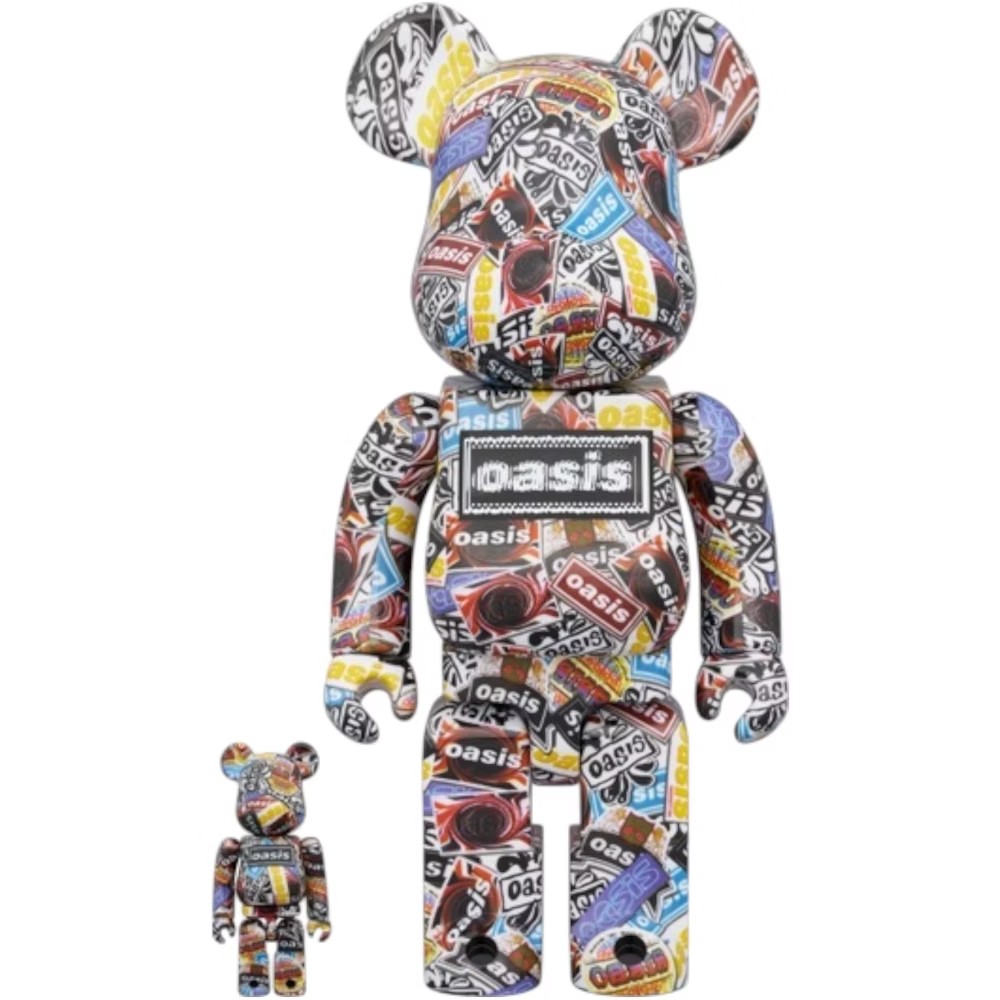 400% & 100% Bearbrick OASIS 2025 featuring collage-style graphics and bold Oasis logo across the chest.