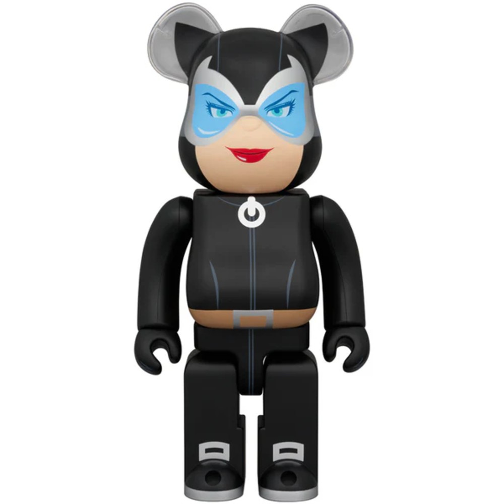 400% Bearbrick Catwoman from Batman: Hush, in black suit with blue mask and red lips.