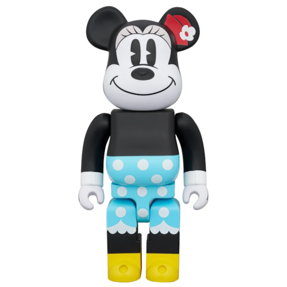 400% Bearbrick Minnie Mouse 2025 with retro face, blue polka-dot pants, and red bow.