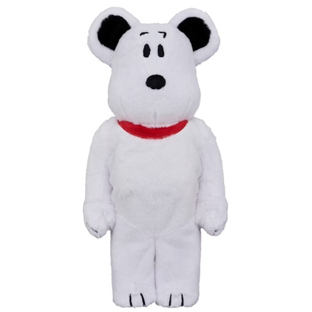 400% Bearbrick Snoopy Costume Version in white faux fur with red collar and black ear details.