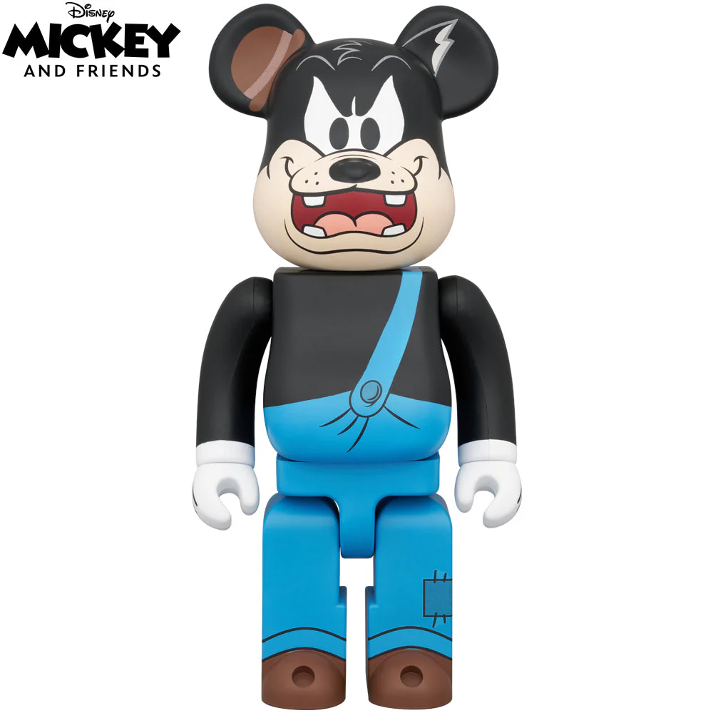 400% Bearbrick Pete figure with angry face, black shirt, and blue overalls.