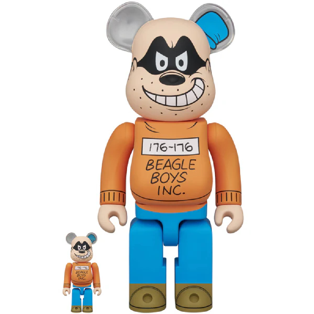 400% and 100% Bearbrick figures of Beagle Boy from Disney, standing side-by-side, in colorful outfits.