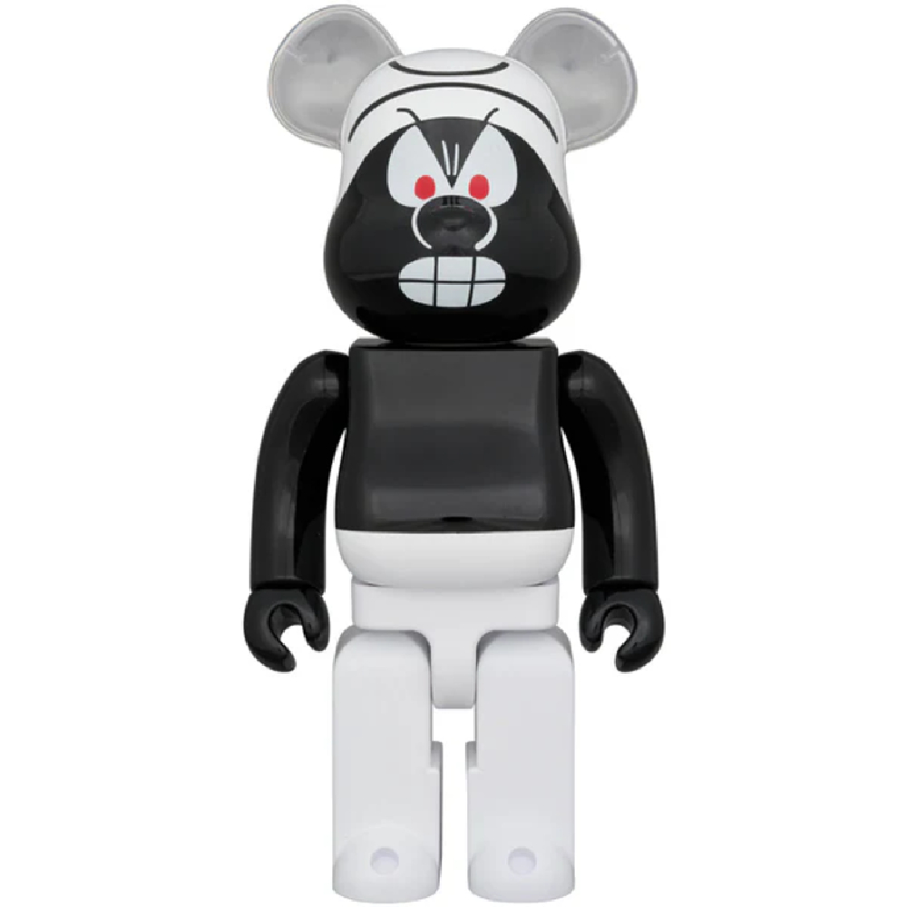 Black and white Bearbrick figure with red eyes, styled as a Black Smurf.