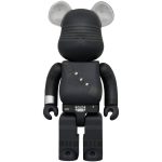 Black Bearbrick figure with stealth-style armor and silver accents, front view.