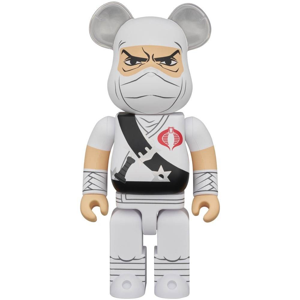 White ninja-themed Bearbrick with mask, sword strap, and G.I. Joe Storm Shadow design.
