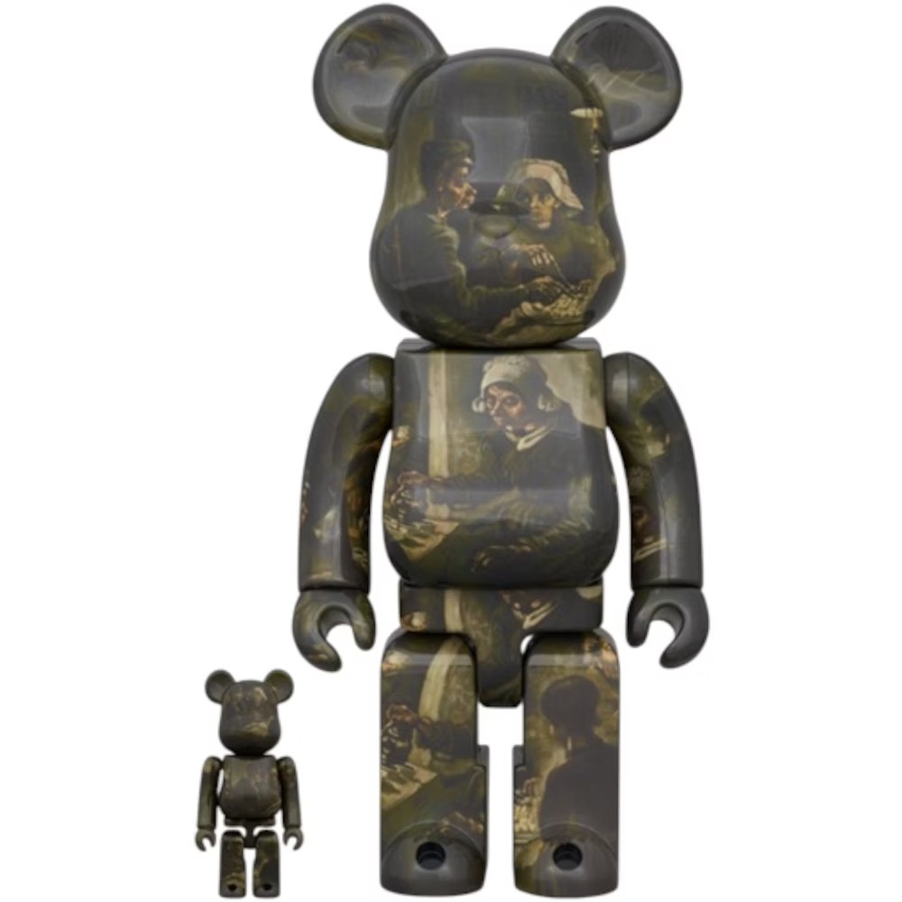 Bearbrick set featuring Van Gogh’s “The Potato Eaters” artwork in 400% and 100% sizes.