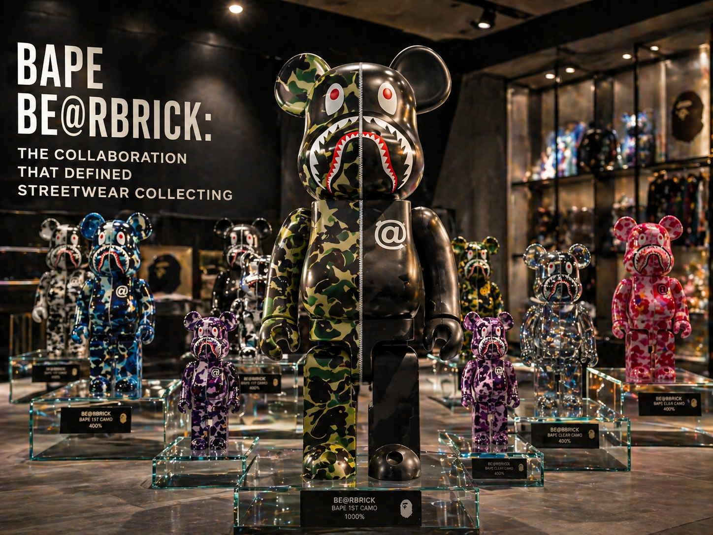 BAPE Bearbrick: The Collaboration That Defined Streetwear Collecting BAPE Bearbrick 1000% Shark Hoodie grey camo — A Bathing Ape x Medicom Toy limited edition collectible figure