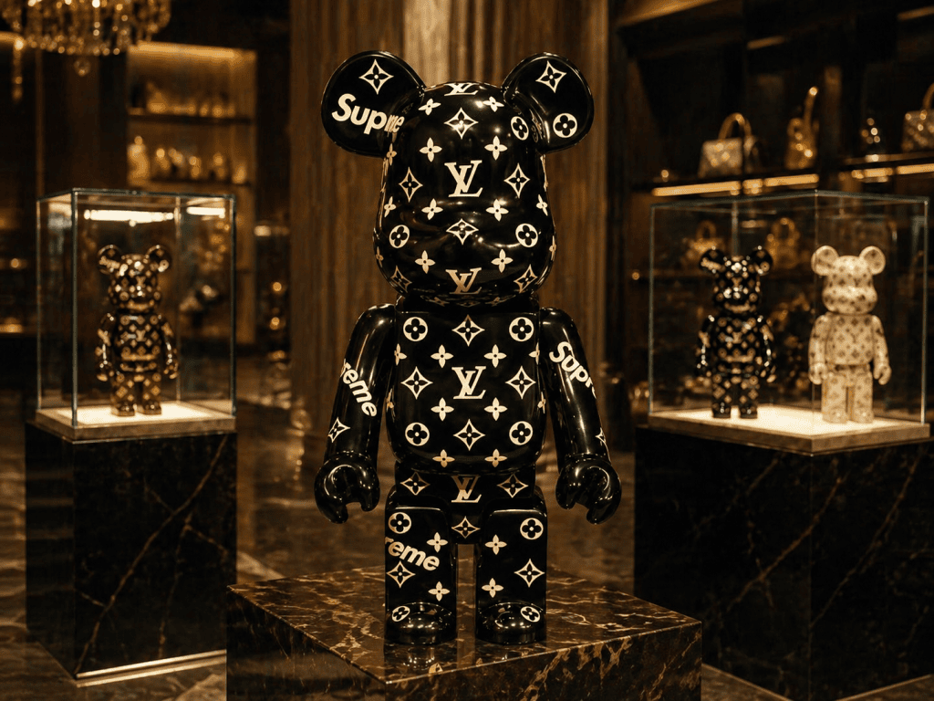 Louis Vuitton Bearbrick 1000% custom figure with LV monogram pattern — collector art piece inspired by Louis Vuitton and Medicom Toy designer toy culture