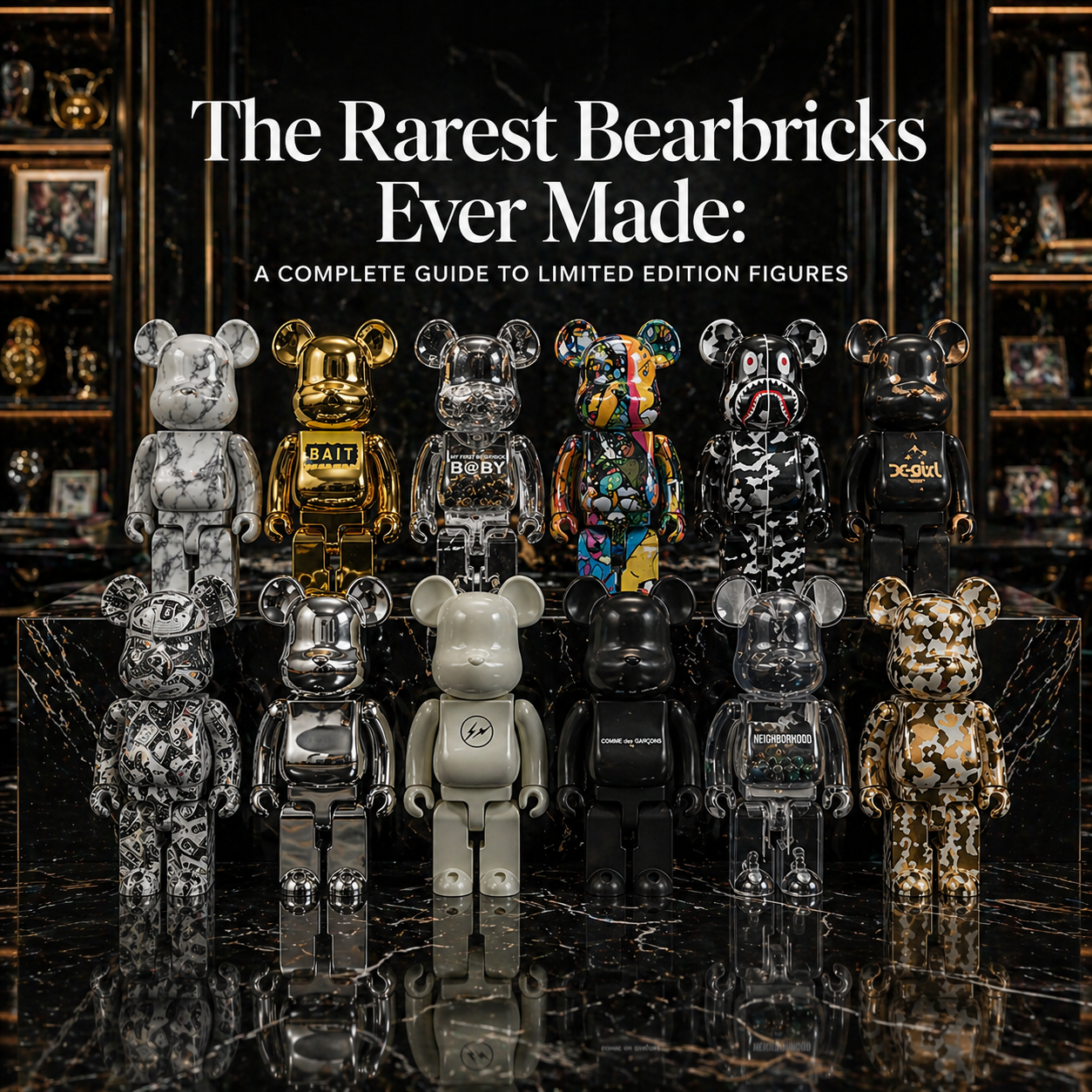 The Rarest Bearbricks Ever Made: A Complete Guide to Limited Edition Figures Rare limited edition Bearbrick figures collection display — KAWS, Chanel and Andy Warhol 1000% Medicom Toy collaborations
