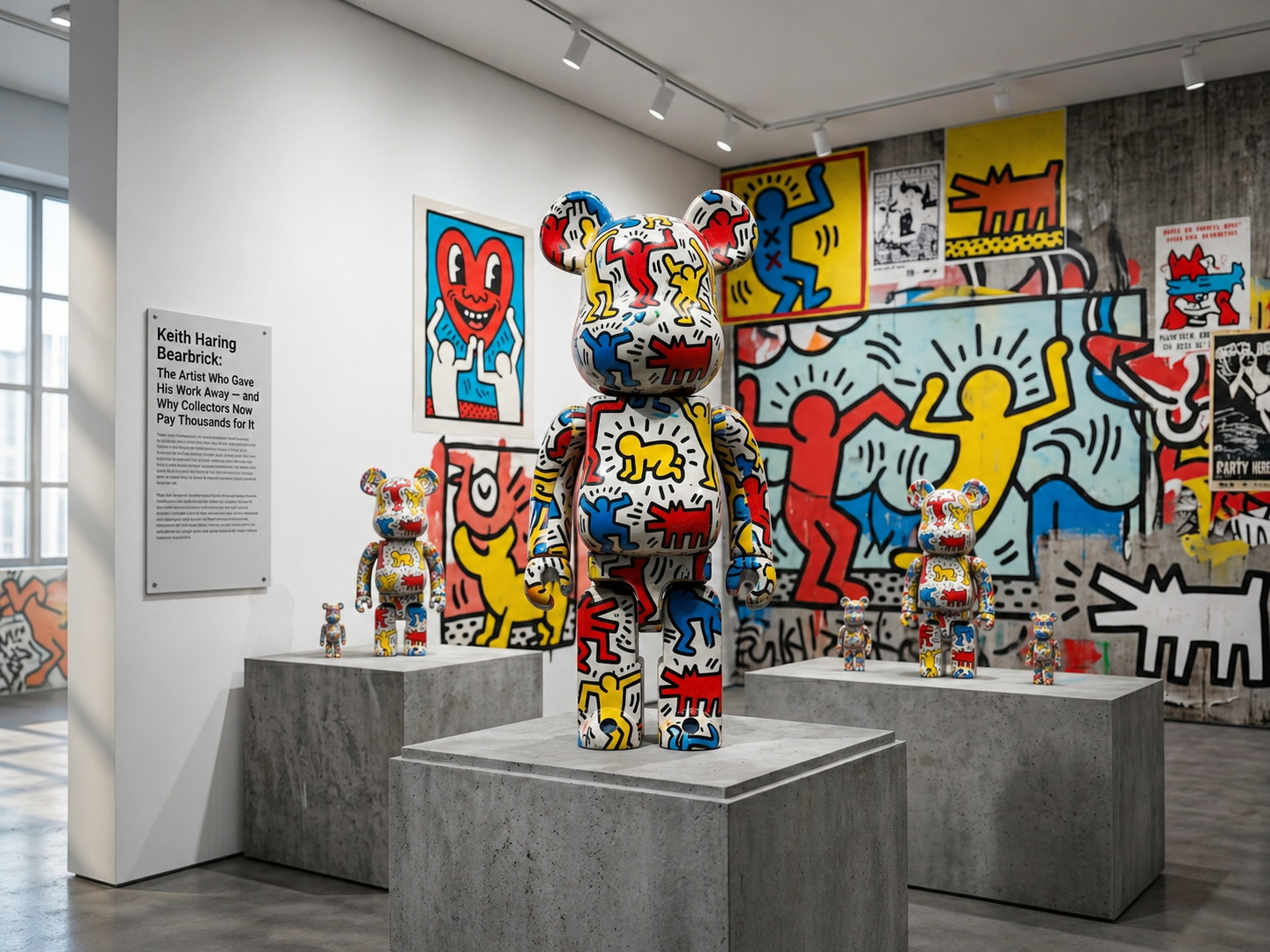 Keith Haring Bearbrick: The Artist Who Gave His Work Away — and Why Collectors Now Pay Thousands for It Keith Haring Bearbrick 1000% Series 8 — white vinyl with iconic dancing figures and hearts, Medicom Toy x Keith Haring Foundation limited edition